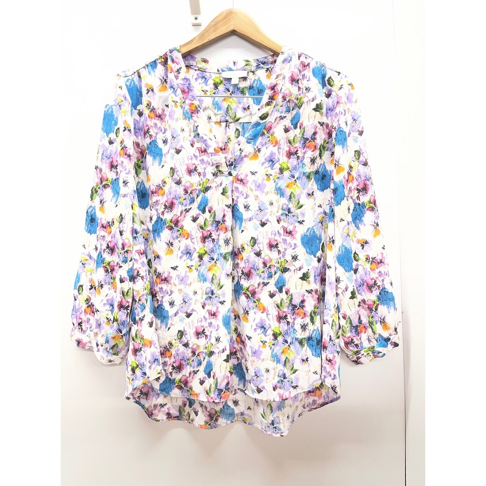 Alex & Lili Womens Large Floral V-Neck Blouse 3/4 Sleeve Watercolor Top
